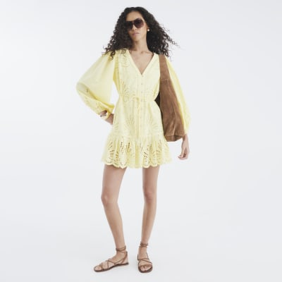 Yellow Long Sleeve Cutwork Mini Shirt Dress