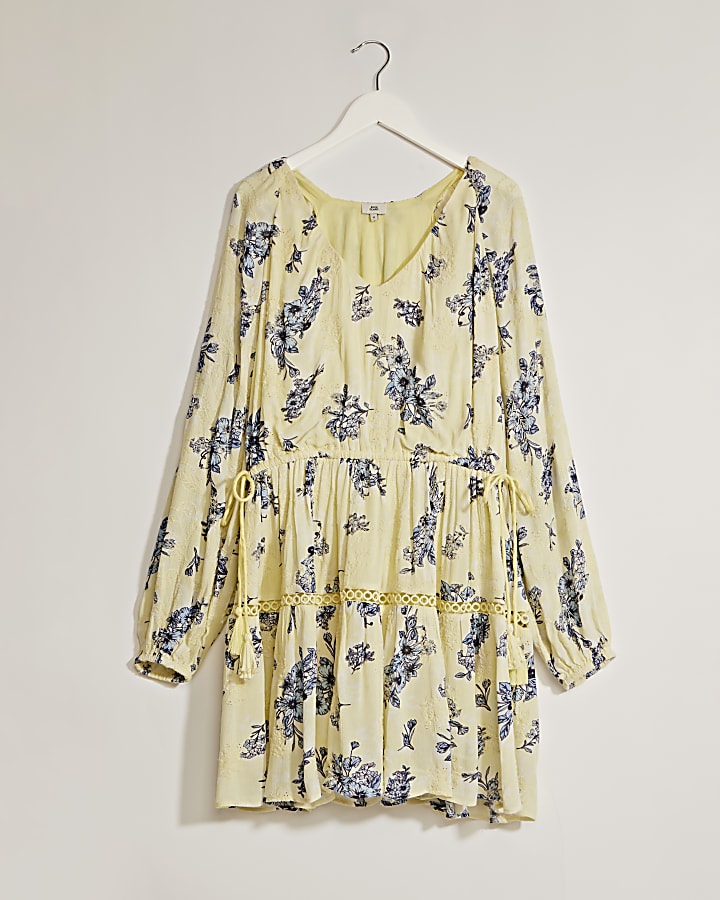 Yellow long sleeve floral broderie dress