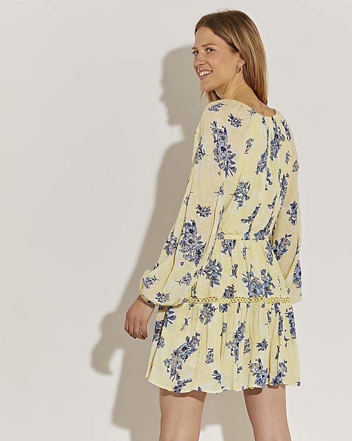 Yellow long sleeve floral broderie dress