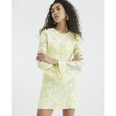 Yellow Long Sleeve Floral Mesh Mini Dress