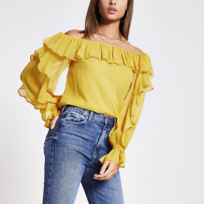 sleeve frill bardot top | River Island