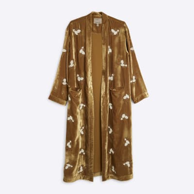 Yellow Long Sleeve Velvet Embellished Kimono River Island