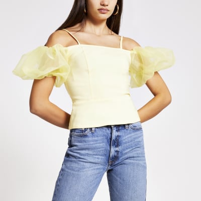 Yellow organza puff sleeve bardot top