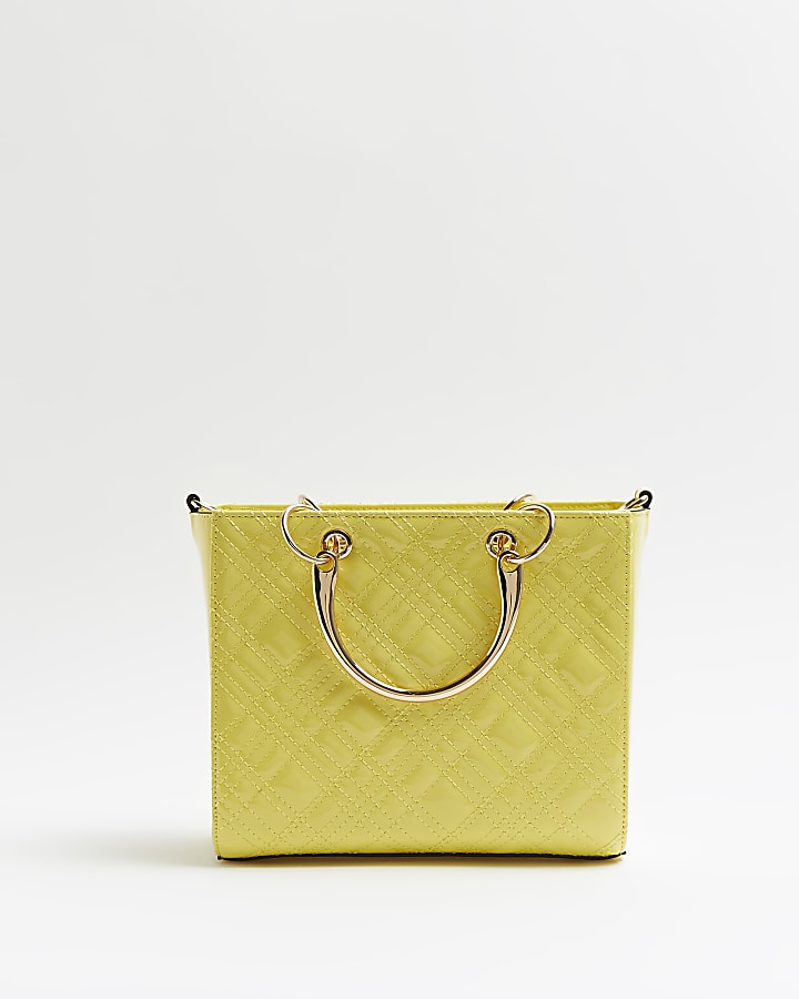 Yellow patent quilted tote bag