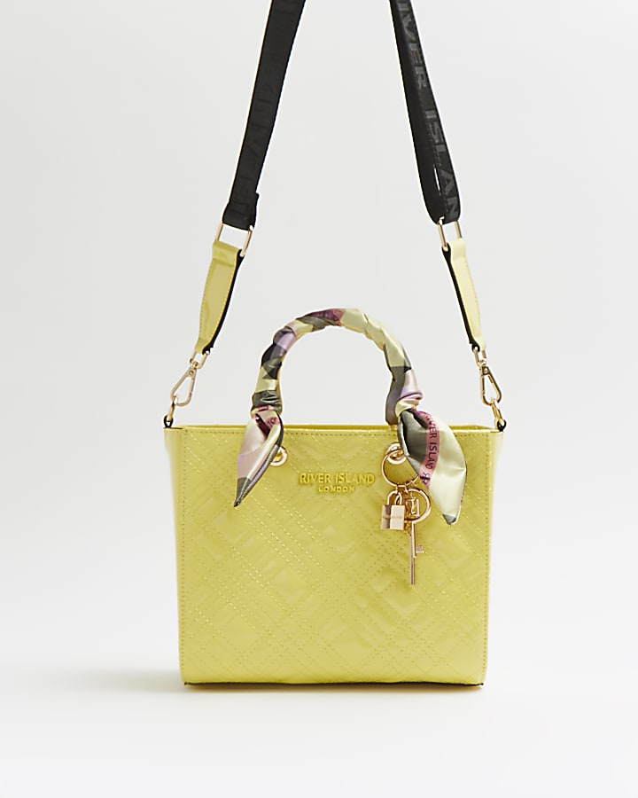 Yellow patent quilted tote bag