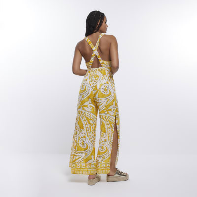 Yellow plunge beach jumpsuit River Island