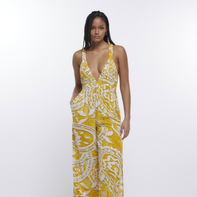 Yellow plunge beach jumpsuit River Island