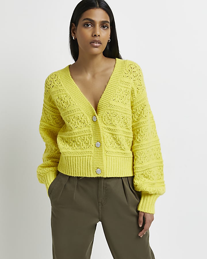Yellow pointelle knit cardigan