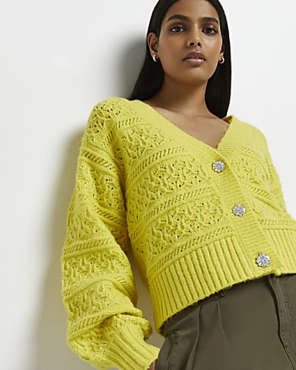 Yellow pointelle knit cardigan