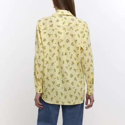 Yellow poplin stripe floral shirt