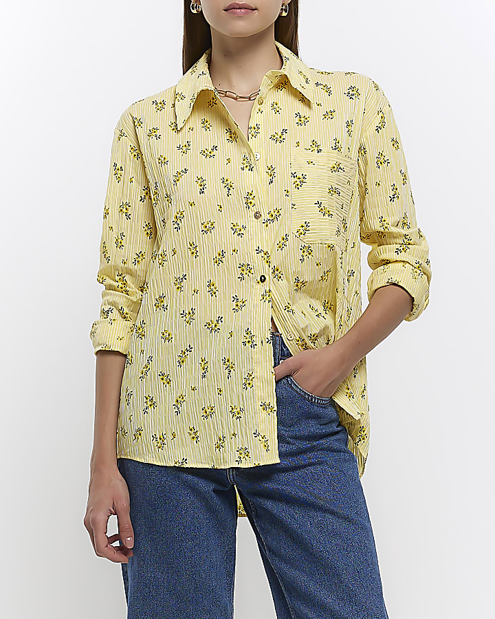 Yellow poplin stripe floral shirt