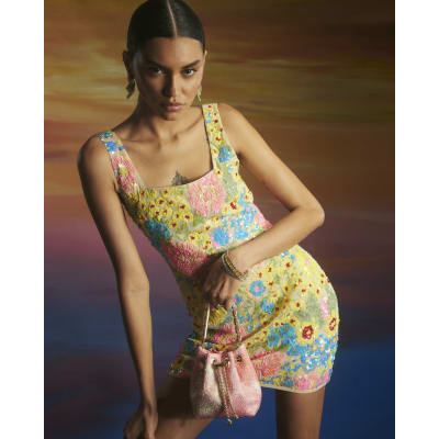 Yellow Premium Sequin Floral Mini Dress