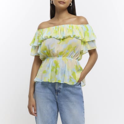Yellow print bardot top