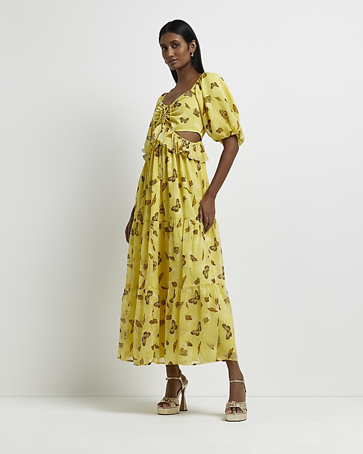 Yellow print cut out maxi dress