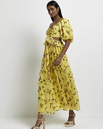 Yellow print cut out maxi dress