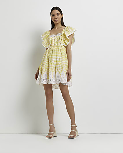 Yellow print lace mini dress