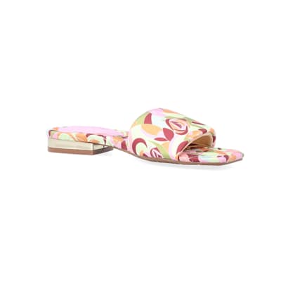360 degree animation of product Yellow print satin padded sandals frame-17