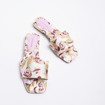 Yellow print satin padded sandals
