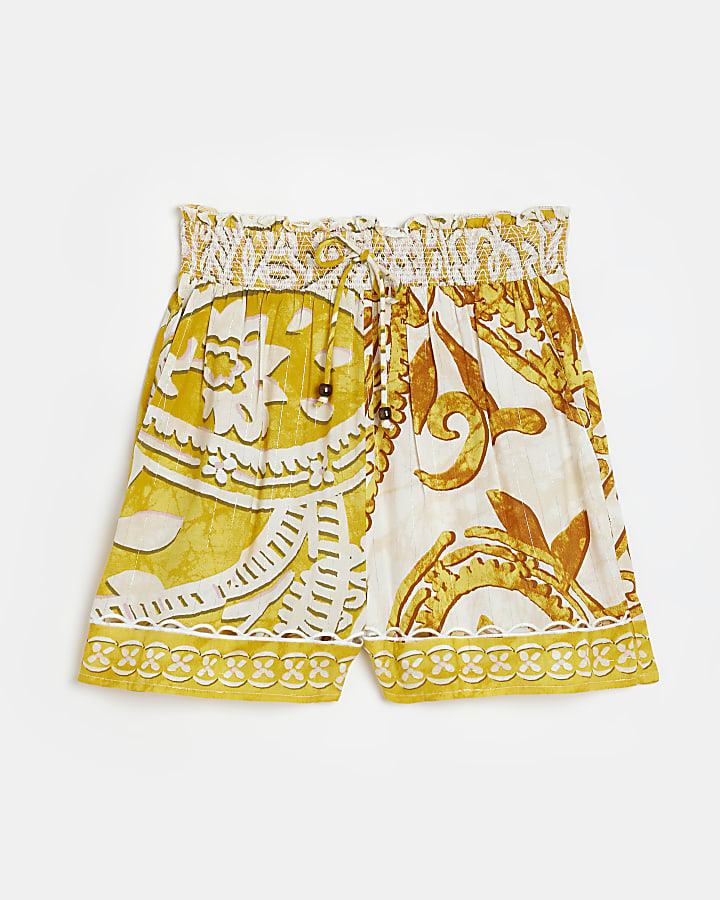 Yellow print shirred shorts