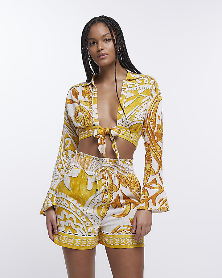 Yellow print tie front cropped shirt
