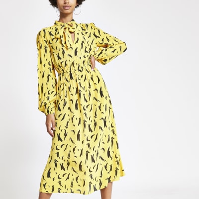 river island midi dress with belt detail in yellow