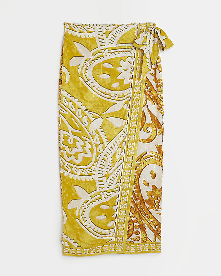 Yellow print wrap sarong midi skirt