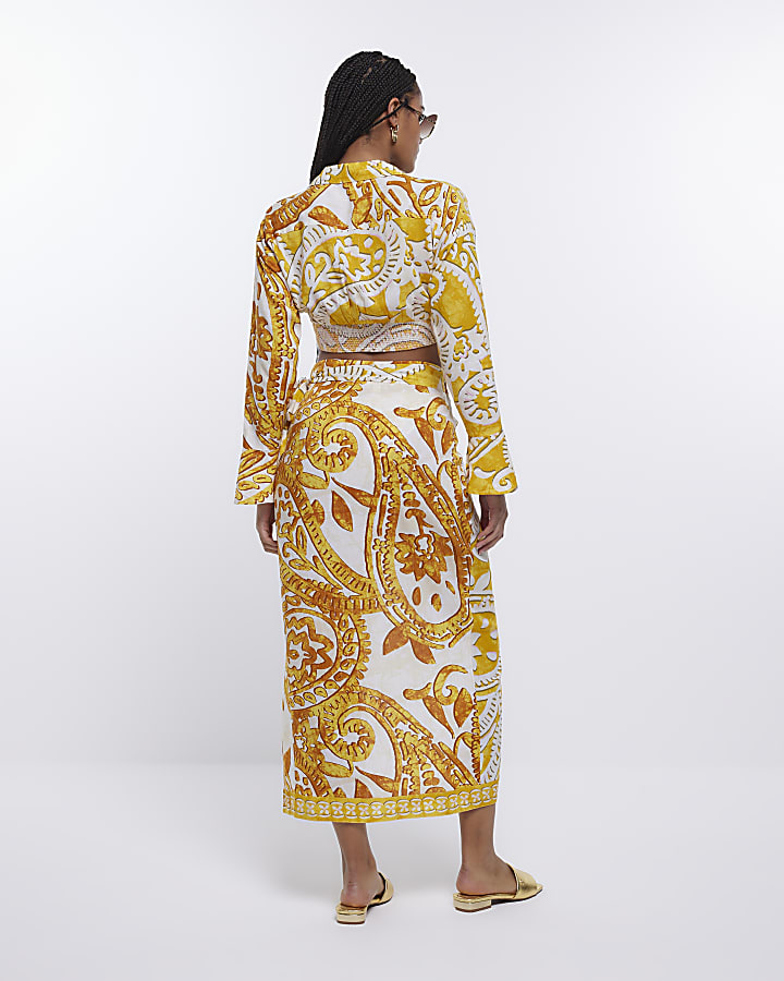 Yellow print wrap sarong midi skirt
