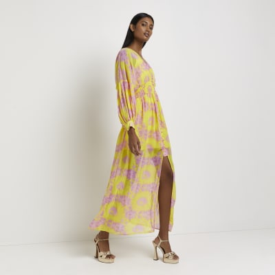 Yellow printed maxi shirt dress | River Island