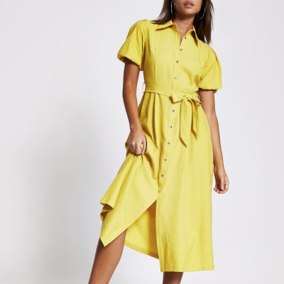 Yellow puff sleeve midi shirt dress | River Island