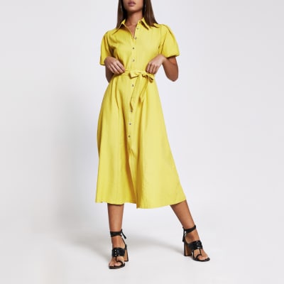 river island midi dress with belt detail in yellow