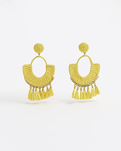 Yellow raffia drop hoop earrings