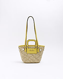Yellow raffia embellished basket bag