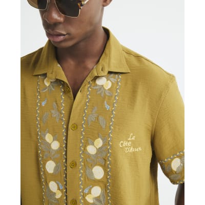Yellow Regular Fit Lemon Embroidered Shirt