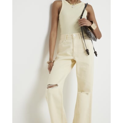 Yellow relaxed straight ripped jeans River Island