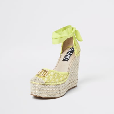 Yellow RI ankle tie wedge sandals