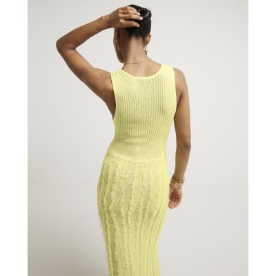 Yellow ribbed fringe bodycon midi dress River Island