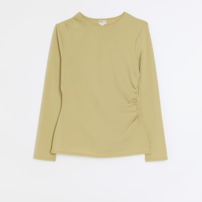 Yellow ruched long sleeve top | River Island