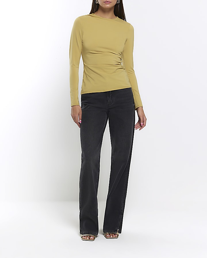Yellow ruched long sleeve top | River Island