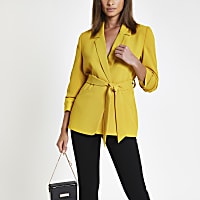 Yellow ruched sleeve belted blazer