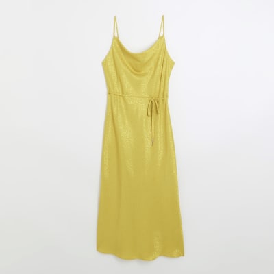 Yellow satin animal print slip midi dress River Island