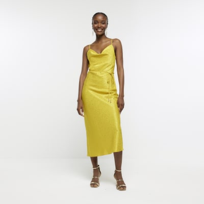 Target A New Day yellow mustard gold satin printed midi slip dress