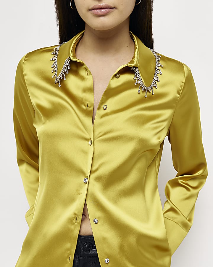 Yellow satin embellished shirt