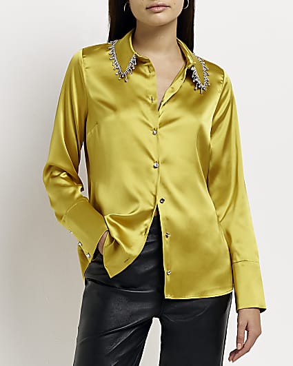 Yellow satin embellished shirt