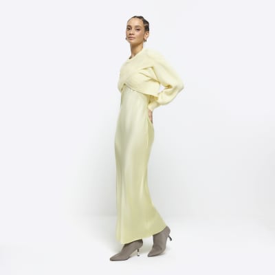 Yellow satin hybrid slip midi dress