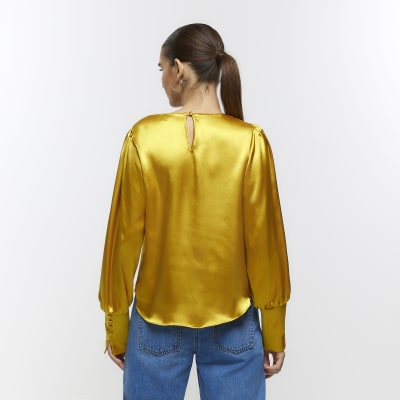 Yellow satin long sleeve blouse