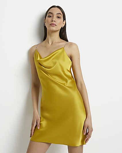 Yellow satin slip mini dress