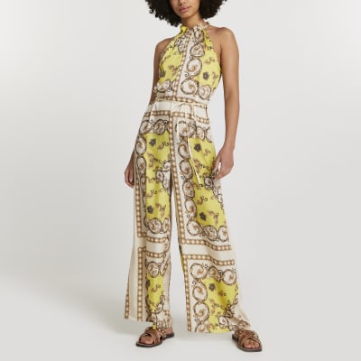 Yellow scarf print tie waist jumpsuit River Island
