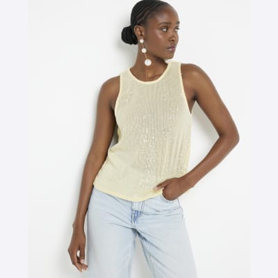 Yellow sequin crew neck tank top River Island