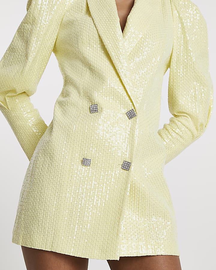 Yellow sequin puff sleeve blazer dress
