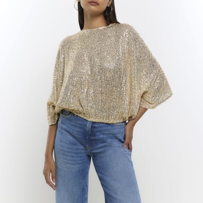 Yellow sequin short sleeve top | River Island